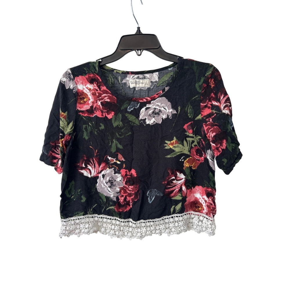 Abercrombie & Fitch Black Floral Lace Trim Crop Top Short Sleeve Womens S *hole